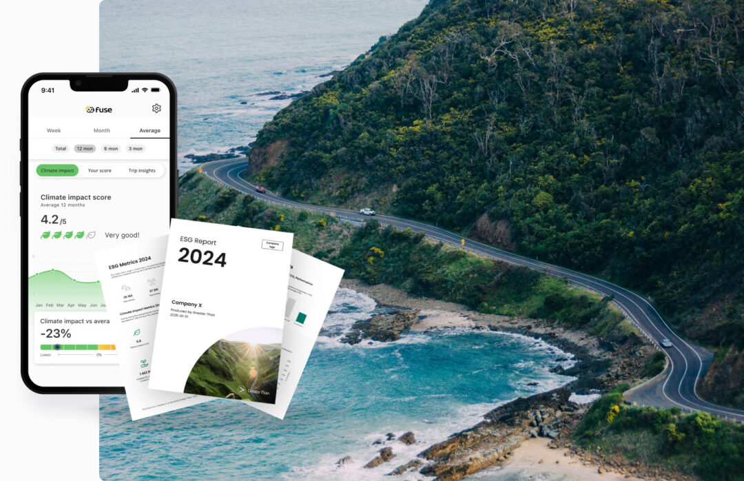 Australian landscape by the ocean with a road with cars driving. On the side is the Fuse Fleet app showing sustainability driving statistics and a ESG mobility report