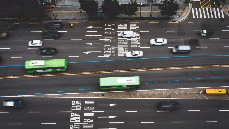 Green buses city road Korea