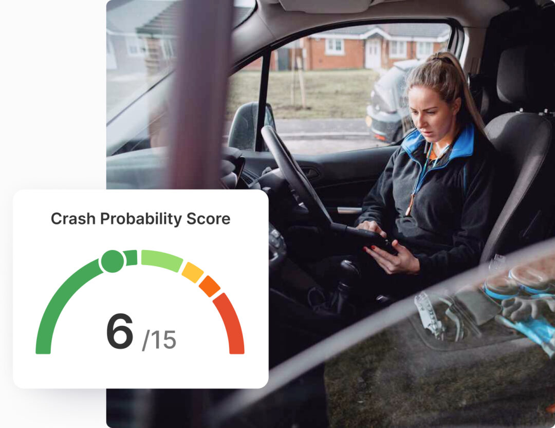 A delivery driver sits in the driver's seat of a parked van, focused on a tablet device. In the foreground, a green-to-red gauge displays a crash risk score of 6 out of 15.
