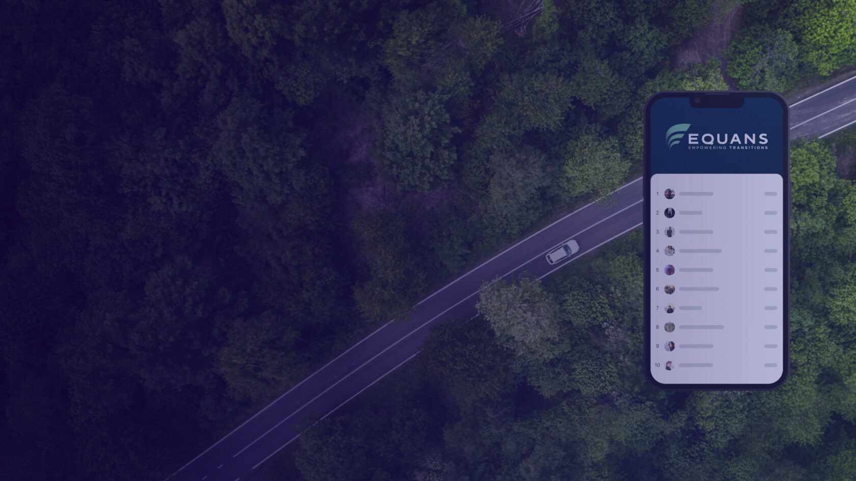 Equans Eco Driving Challenge leaderboard displayed on smartphone over aerial view of car driving through forested road, showcasing eco-friendly fleet performance and smart mobility insights.