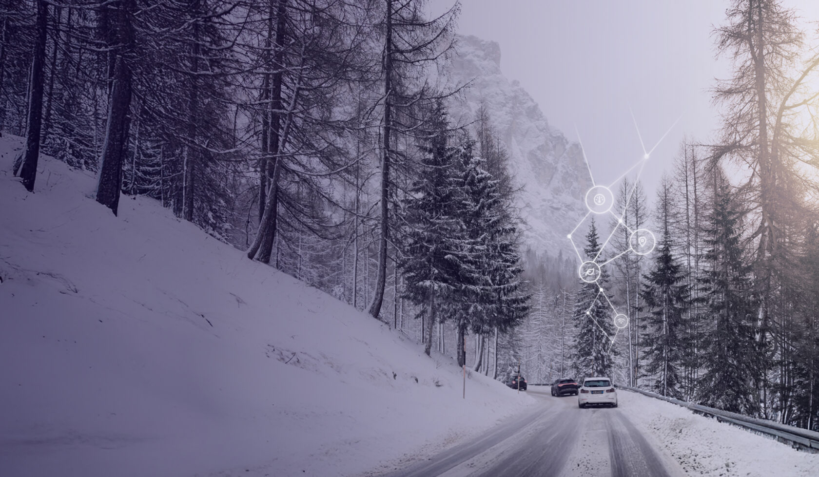 Abstract digital rendering of a car on a city road overlaid with data graphs and connectivity lines, illustrating advanced telematics and data intelligence.
