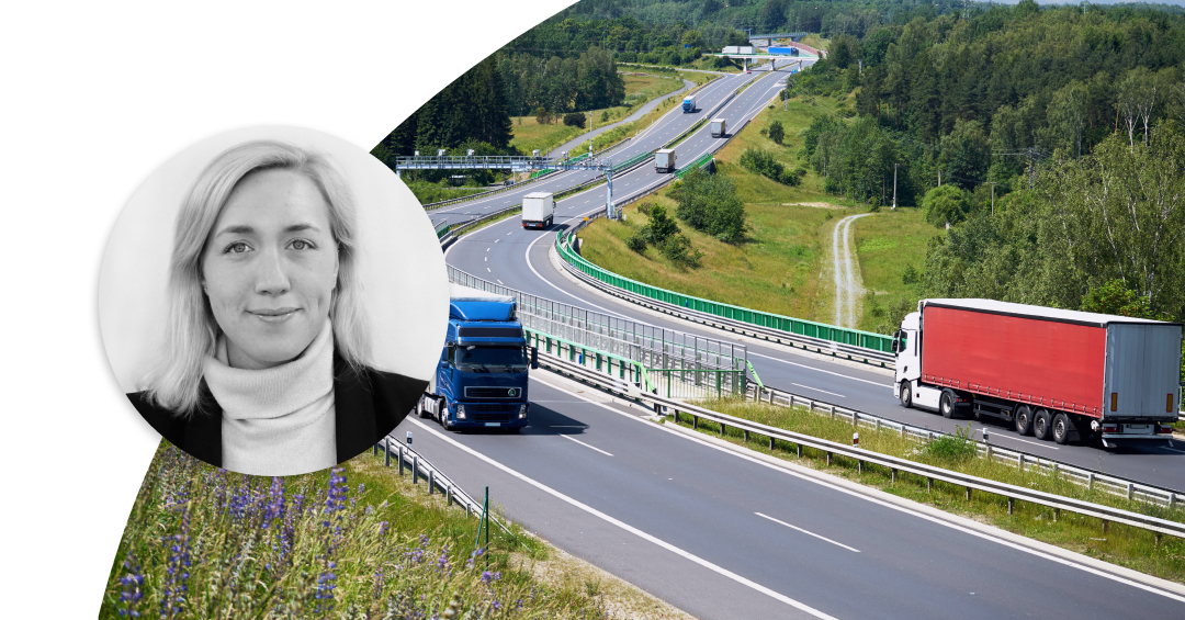Trucks driving on highway and profile picture of Johanna Forseke