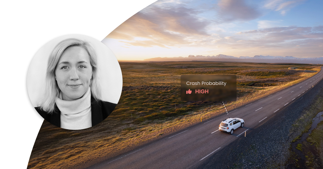 Portrait of Johanna Forseke alongside a car driving on an open rural road at sunset. A digital overlay highlights 'Crash Probability: High' with a thumbs-up icon, symbolizing AI-driven risk prediction in mobility.