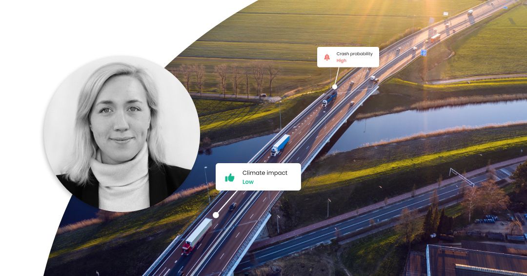 Cars driving on a bridge over a river in a green landscape. Markers over two cars saying "Crash probability High" and "Climate impact Low". Profile image of Johanna Forseke.