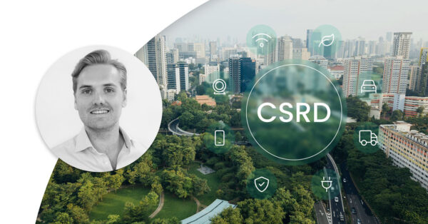 City in the background, illustration of data going in to CSRD in the middle. Profile image of Johan Forseke.