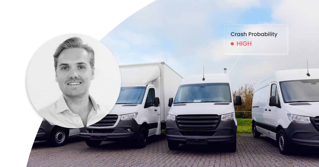 A profile picture of Johan Forseke, Head of Sales at Greater Than, together with an image of several fleet cars where one is highlighted with high crash probability