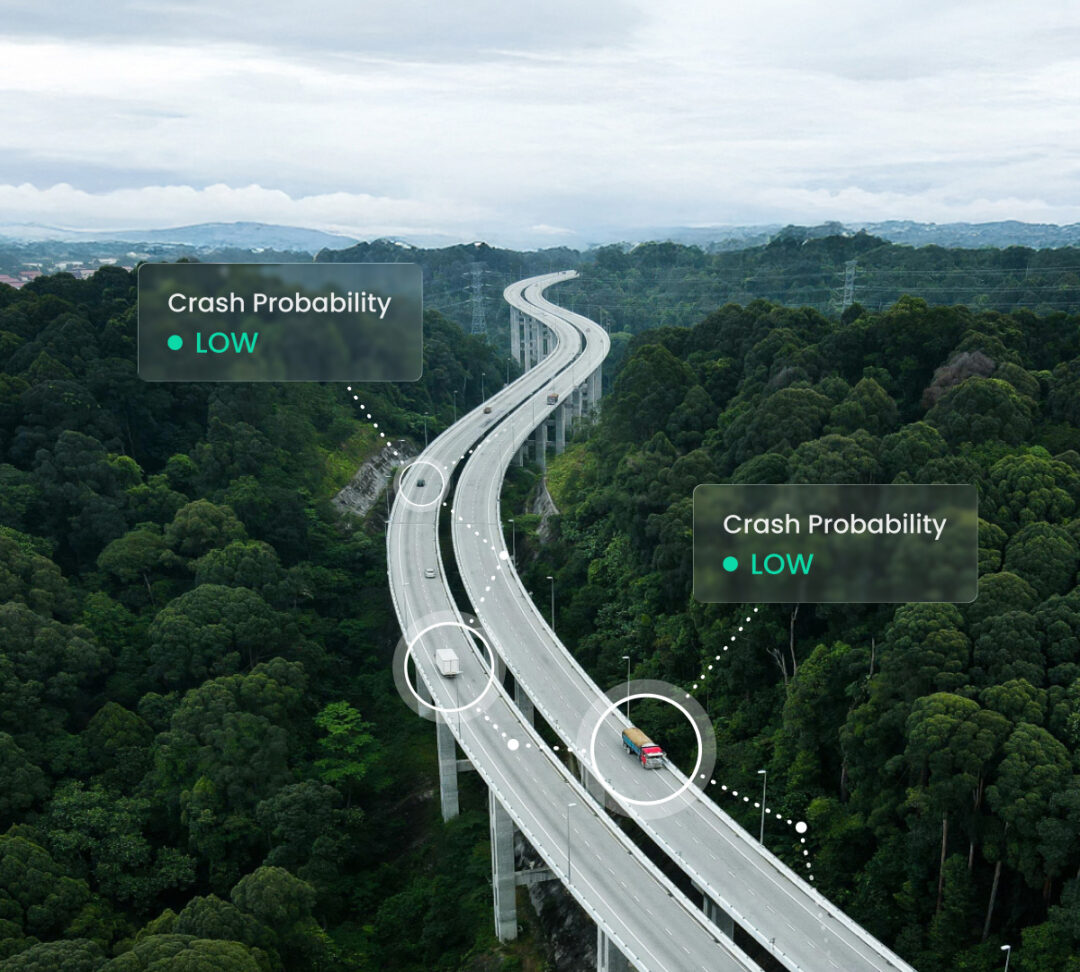 Aerial view of a highway bridge cutting through a lush forest, with AI-powered telematics technology highlighting vehicle positions to visualize traffic and driving behavior insights.