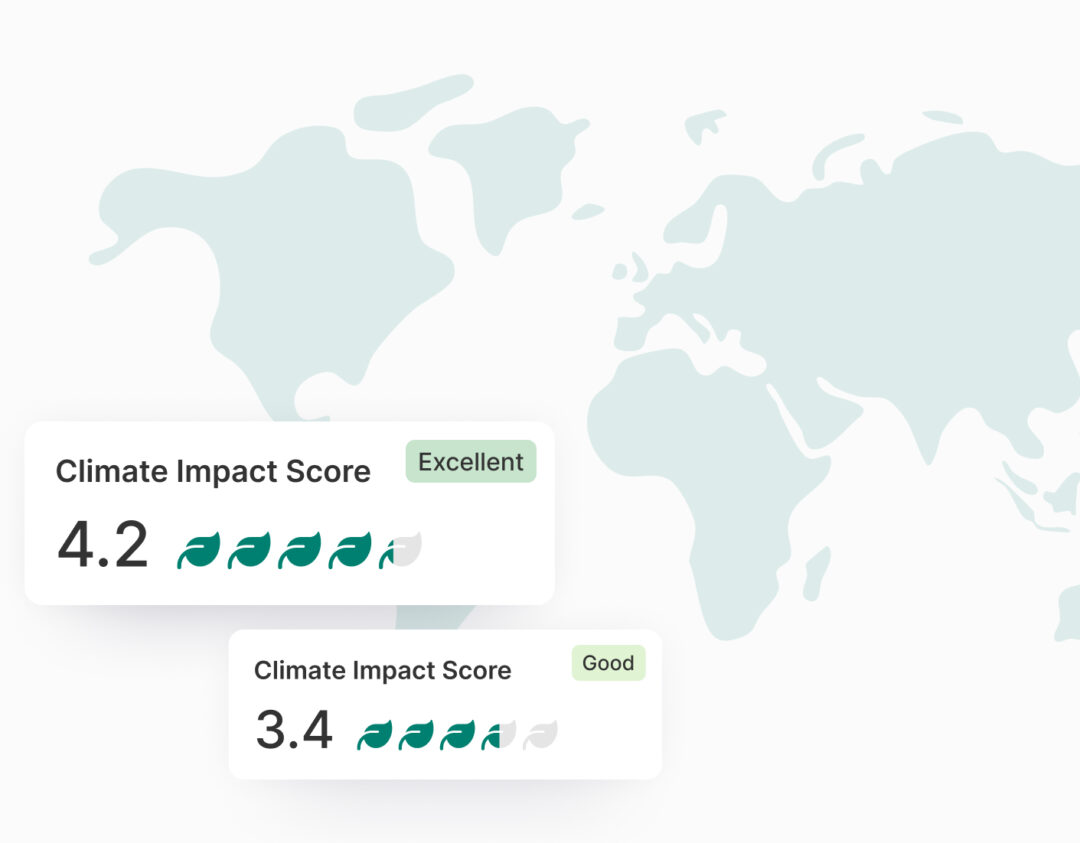 Stylized world map background with two overlaid climate impact scores. One shows a score of 4.2 out of 5 leaves labeled 'Excellent', and the other displays a 3.4 score labeled 'Good', representing environmental performance ratings on a global scale.