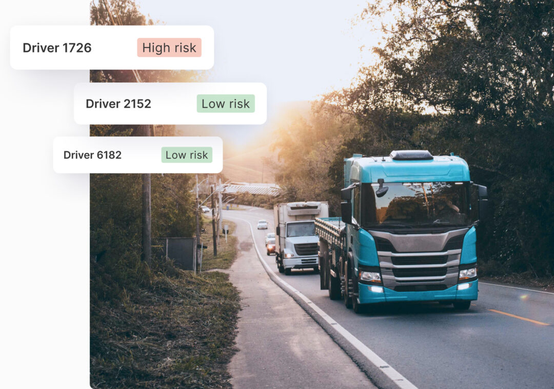 A line of trucks driving on a curving rural road at sunset, with floating labels showing individual driver risk levels marked as “High risk” and “Low risk,” highlighting real-time driver scoring.