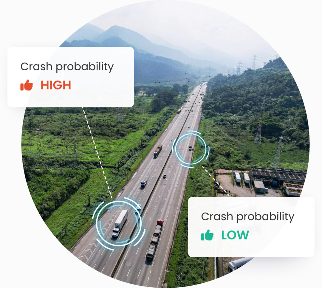 Aerial view of vehicles traveling on a divided highway through green terrain, overlaid with icons showing