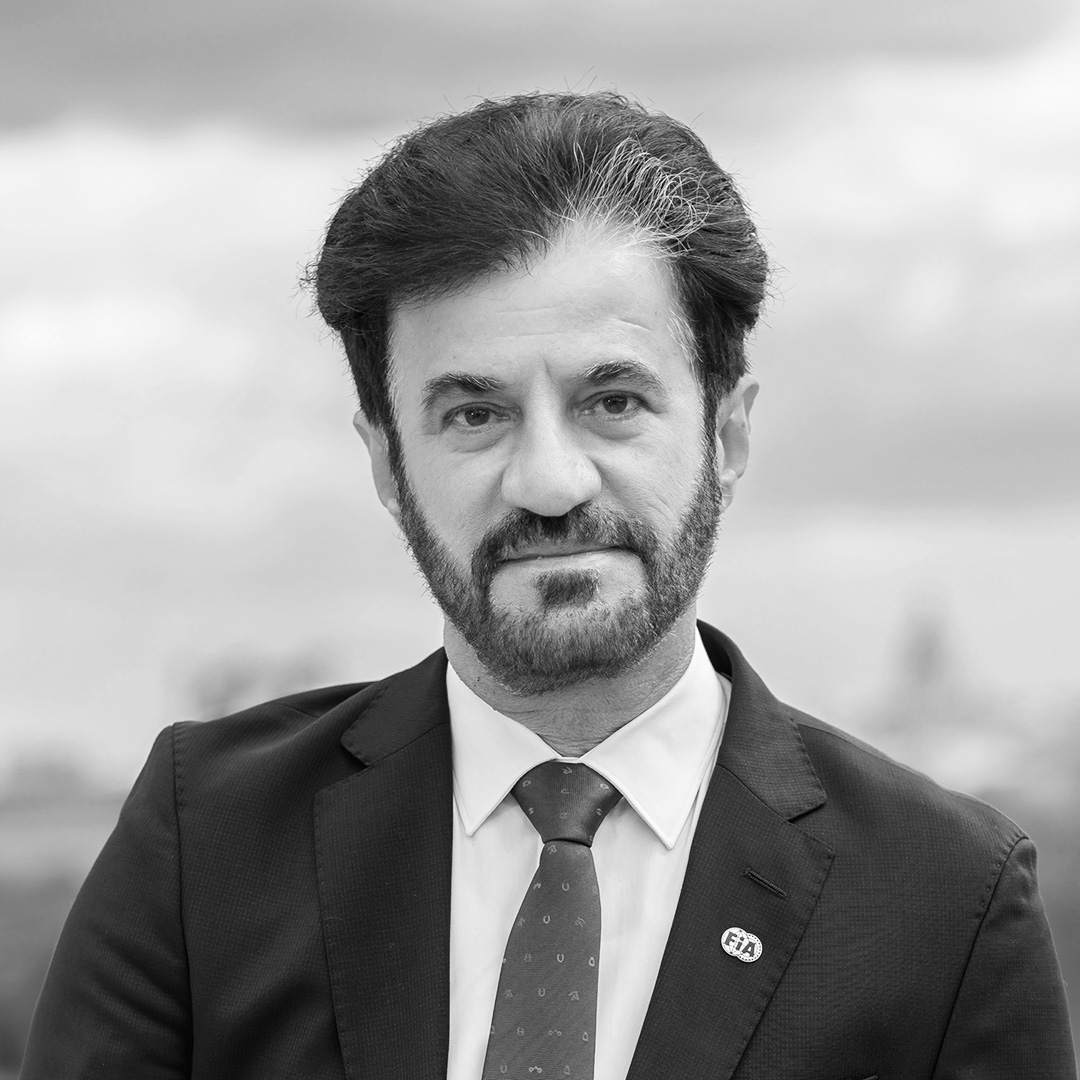 Black and white portrait of Mohammed Ben Sulayem, President at Federation Internationale de l'Automobile (FIA)