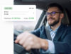Smiling man in a car, wearing glasses and a seatbelt, with an overlay showing a driving summary: labeled 'Low risk' for a 38 km trip, including start and end times, premium rate of 0.12€/km, and total cost of 4.56€.