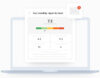 Illustration of a monthly report notification displayed on a laptop screen. The report shows a score of 7.2 on a color-coded performance scale ranging from green to red, with supporting metrics 4.3, 11.2, 13, and 4. A mail icon with a red notification badge indicates the report has been sent.