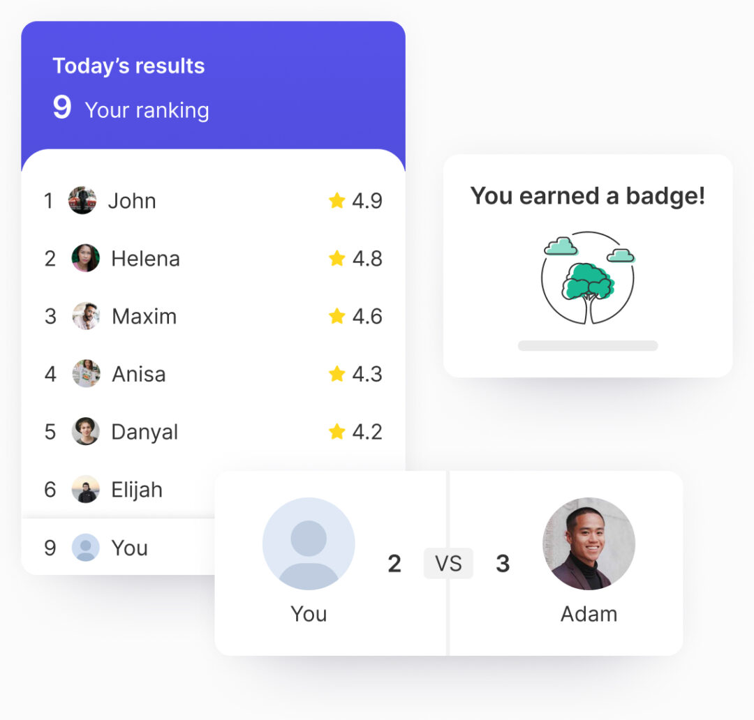 Gamified dashboard showing a daily driver ranking leaderboard with star ratings. John ranks first with 4.9 stars, followed by Helena and Maxim. The user's rank is 9th. A badge achievement message appears reading 'You earned a badge!', and a head-to-head match result shows the user lost to Adam with a score of 2 to 3.