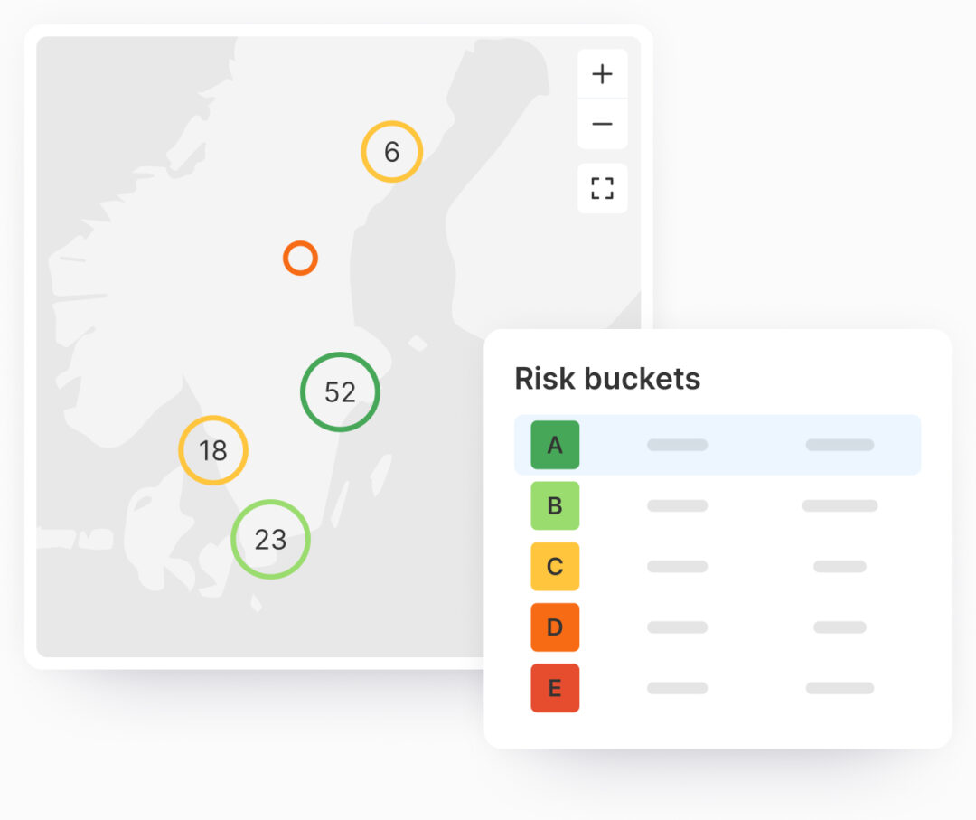 Map visualization showing driver distribution by risk category across regions, with color-coded circles indicating driver counts—52 in green (low risk), 23 and 18 in yellow (moderate risk), and 6 in orange (elevated risk). A legend titled 'Risk buckets' classifies drivers into categories A through E by relative risk.