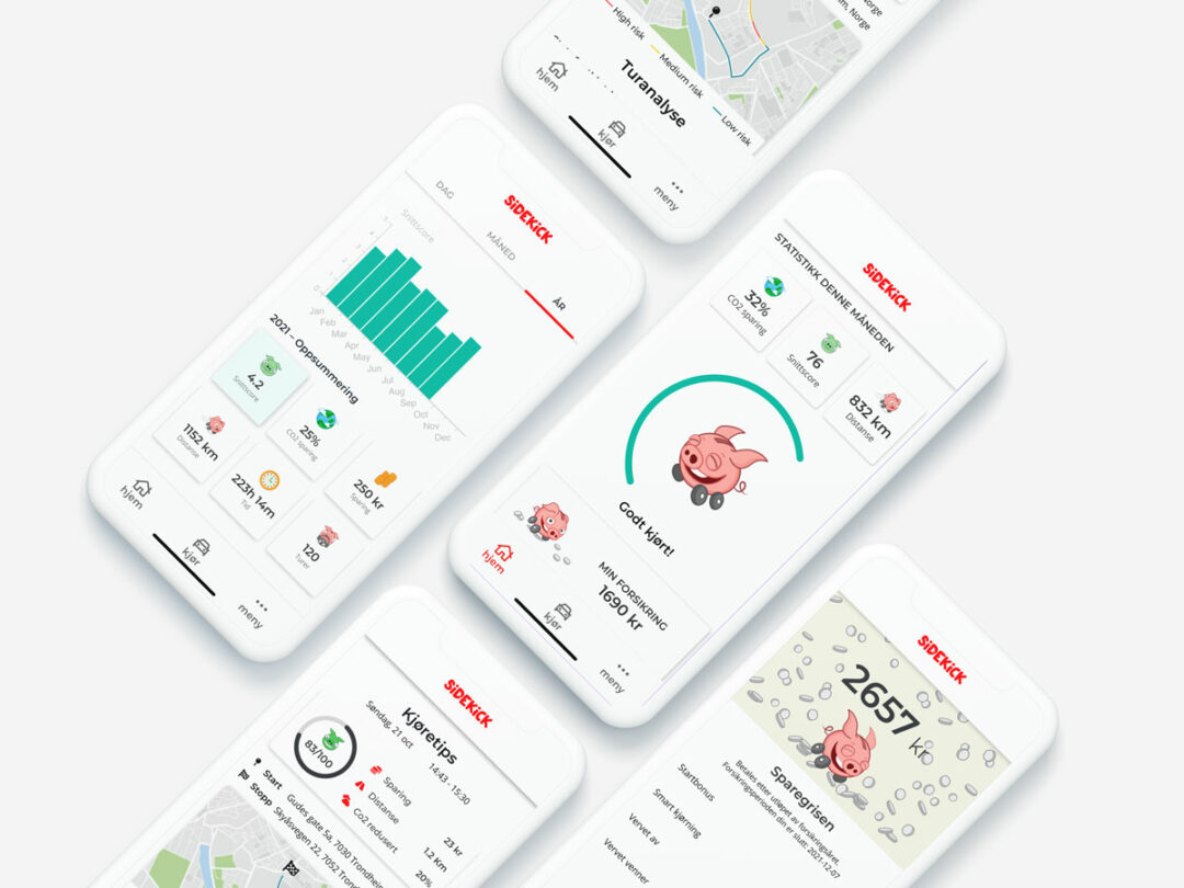 Multiple phones showing Sidekick app functionalities such as summary, statistic and money saved