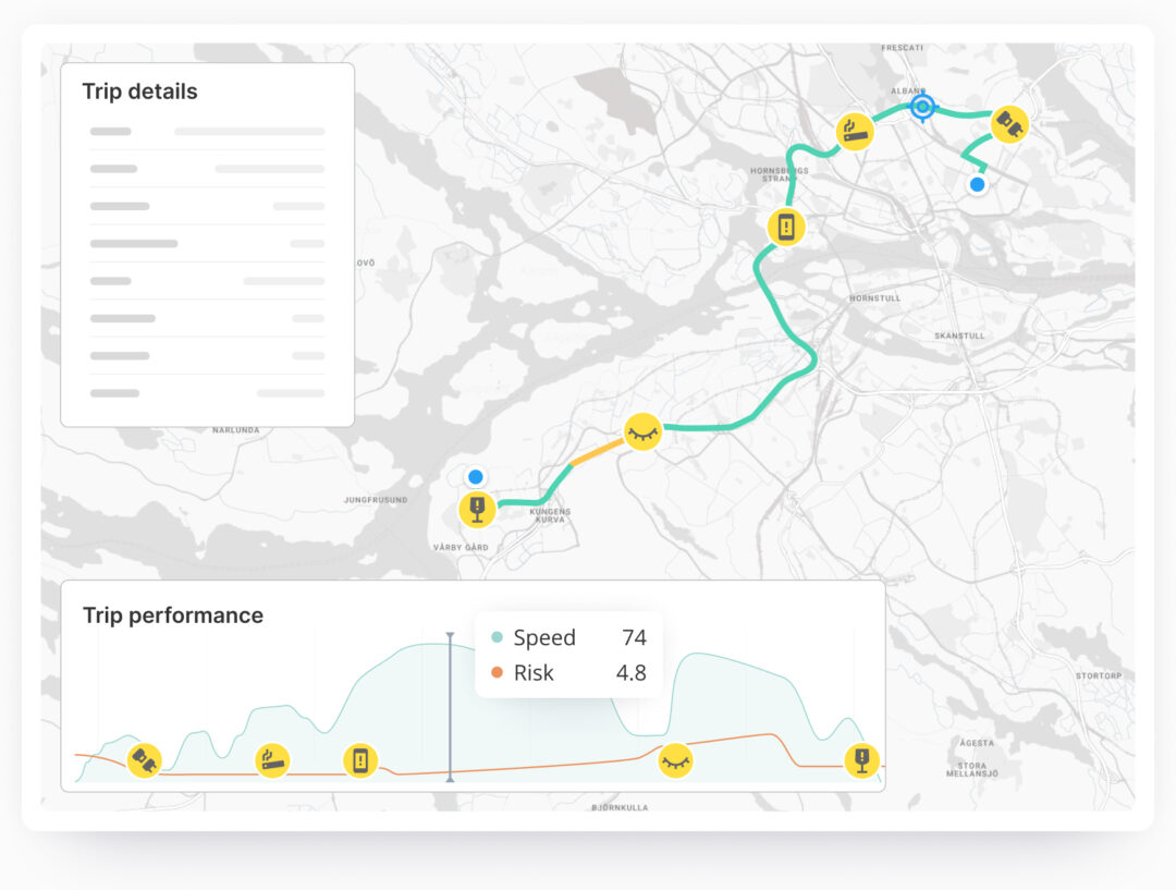 Interactive trip performance map showing driving events, speed, and risk levels, showcasing AI integration in telematics and driver behavior tracking