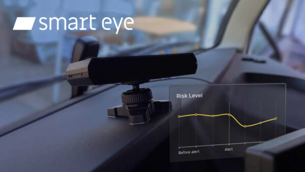 In-cabin risk detection device with alert-triggered safety analytics for reducing driver risk in commercial vehicles. The Smart Eye logo is in the upper left corner.