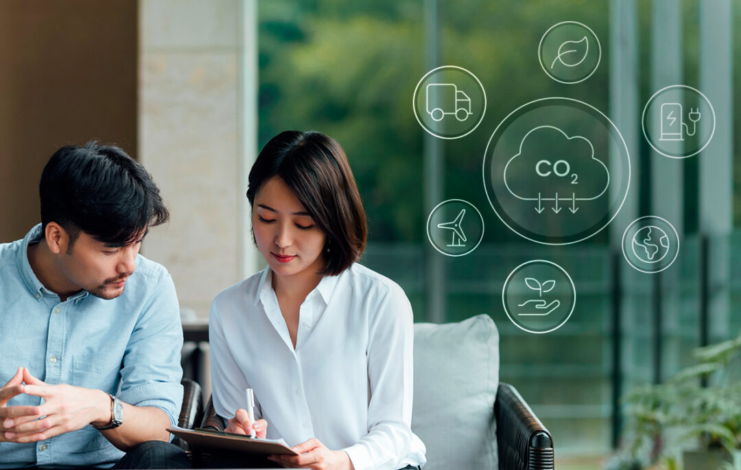 Two colleagues working with sustainability