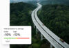 Cars driving on a bridge over forest. A widget showing CO2 emission stats by the side