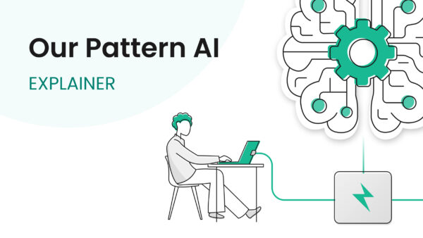Illustration of a guy working on a computer connected to an AI-brain with the text