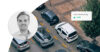 Portrait of Johan Forseke alongside a city street view with multiple parked vehicles and a “Low Crash Probability” indicator, representing AI-powered risk insights for safer vehicle subscription management.