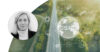 Road in a landscape. Icons on top to illustrate data and a globe saying CSRD on it. Profile image of Johanna Forseke.