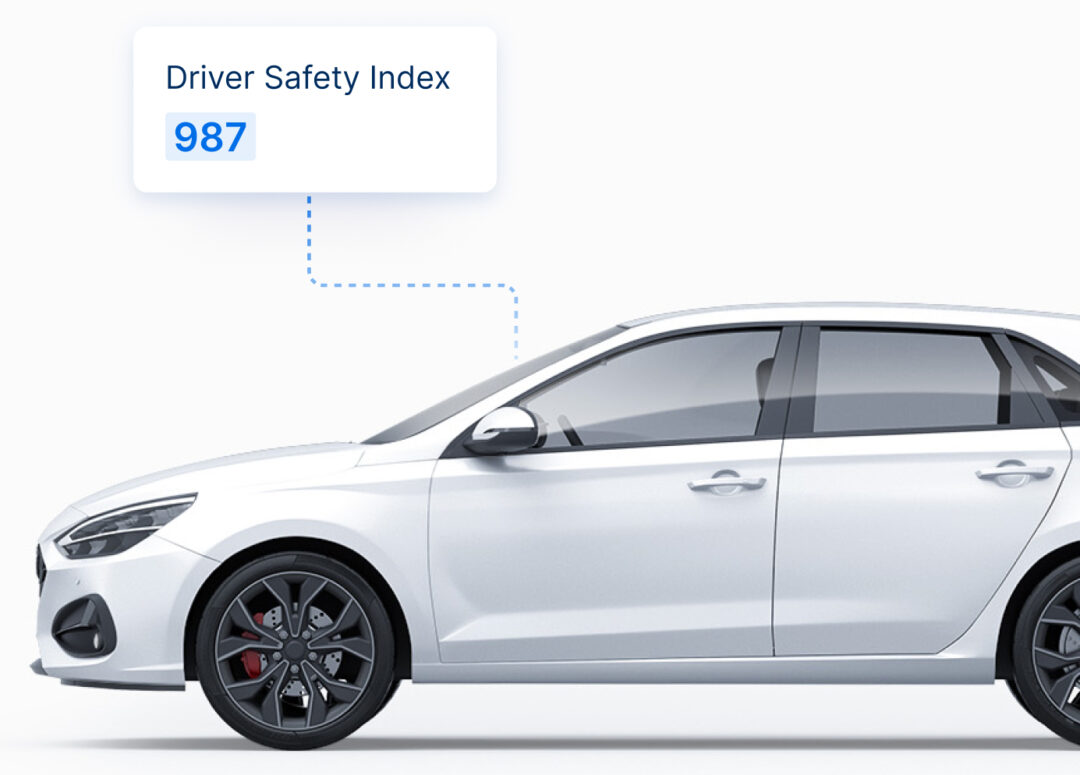 A white car showing a FIA Driver Safety Index of 987