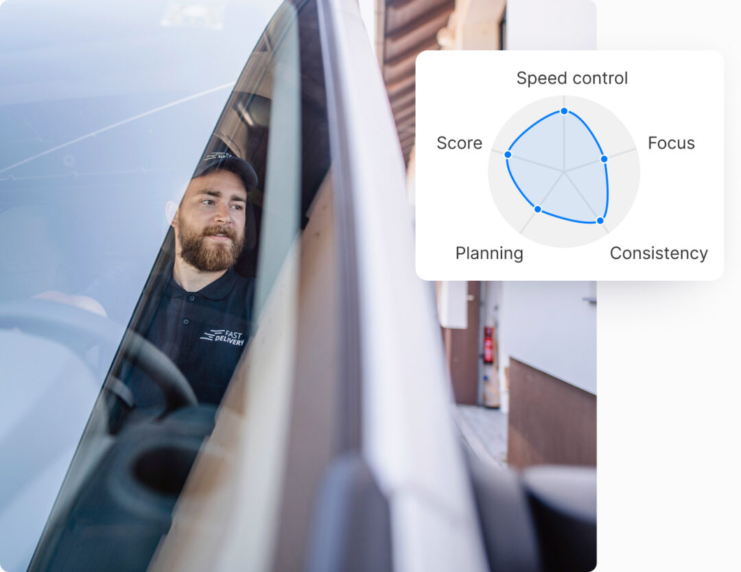 Delivery driver wearing a 'Fast Delivery' uniform, viewed through a van window. Overlaid is a radar chart evaluating driving behavior across five categories: Speed control, Focus, Consistency, Planning, and Score, showing a balanced performance profile.