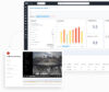Screenshot of a crash probability dashboard from the Waylens platform showing driver risk data for James H, including risk trends over time, trip statistics, and crash probability metrics. Overlaid is a collision warning alert with dashcam footage capturing a traffic situation from both front and cabin views.