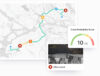 Map interface displaying a vehicle's route with icons marking driving events such as distraction, hard braking, and acceleration. A gauge visual indicates a crash probability score of 10 out of 15. An overlaid dashcam view labeled 'Distracted' shows a driver not fully focused, accompanied by real-time road and cabin camera footage.