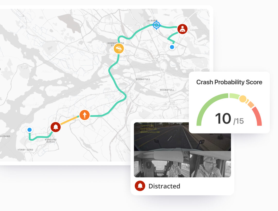 Map interface displaying a vehicle's route with icons marking driving events such as distraction, hard braking, and acceleration. A gauge visual indicates a crash probability score of 10 out of 15. An overlaid dashcam view labeled 'Distracted' shows a driver not fully focused, accompanied by real-time road and cabin camera footage.