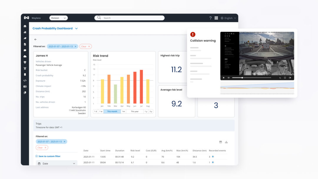 Waylens and Greater Than's video safety platform showing crash probability and video telematics