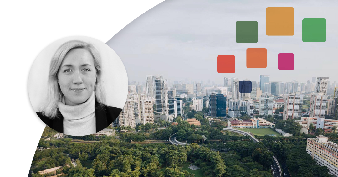 Profile image of Johanna Forseke. A city with a foggy sky and a hint of SDGs known squares on it.
