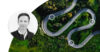 Portrait of Anders Lindelöf alongside an aerial view of a winding forest road with three cars highlighted in white circles.