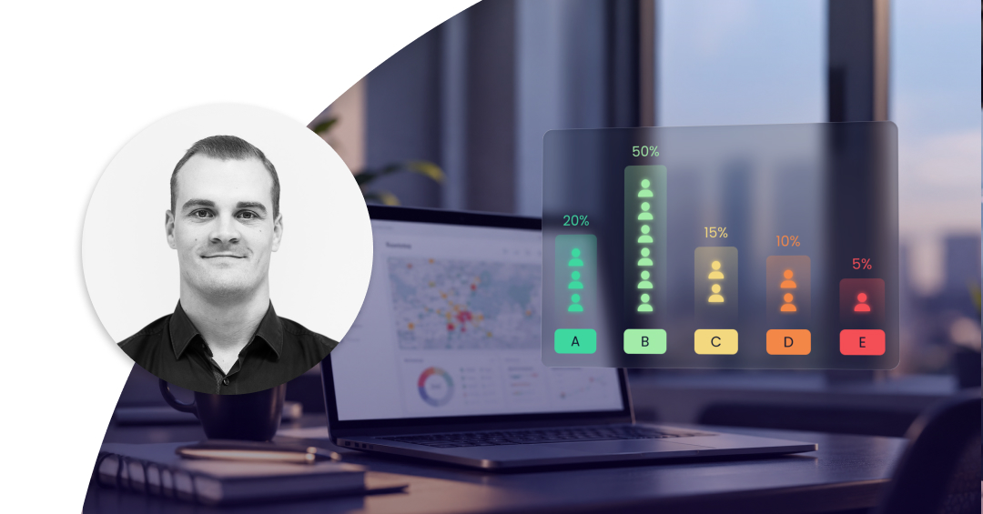 Axel Frick, Customer Success Manager at Greater Than, alongside an image of a laptop in an office with a widget showing driver risk bucket distribution.