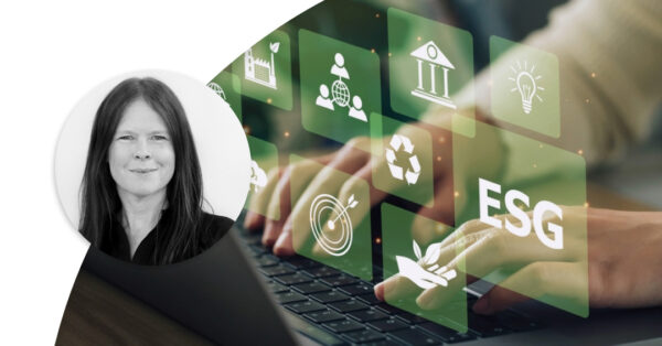 Profile image of Liselott Johansson. Hands typing on a laptop and markers showing different symbols and ESG.