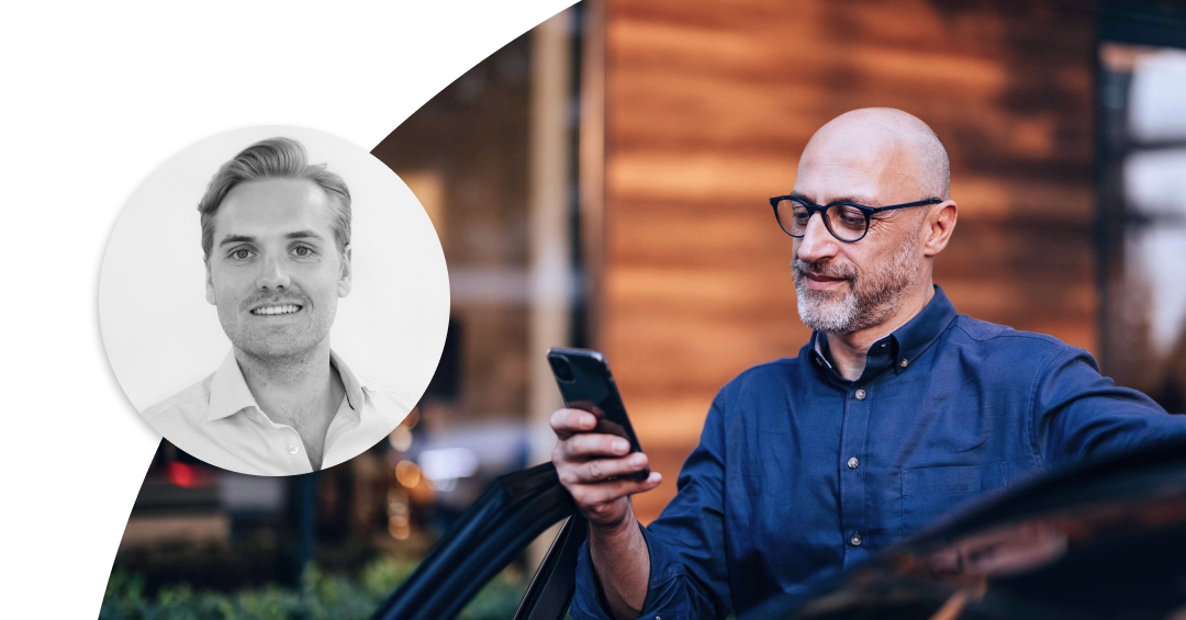 Author photo of Johan Forseke alongside a stock image of a man using a smartphone, illustrating a blog post about driver behavior, technology, and mobility insights.