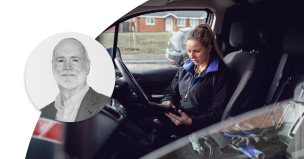 Woman sitting in a parked truck and working on her iPad. Profile image of Jim Noble.