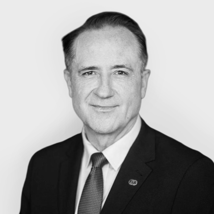 Black and white portrait of Willem Groenewald at Federation Internationale de l'Automobile (FIA)