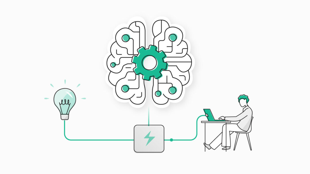Illustration of a person working with a computer, AI is working as a brain and information is lead to a light bulb.