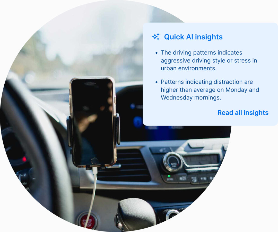Smartphone mounted in vehicle displaying quick AI driving insights for identifying risky behavior and distraction patterns with Greater Than’s fleet safety technology.